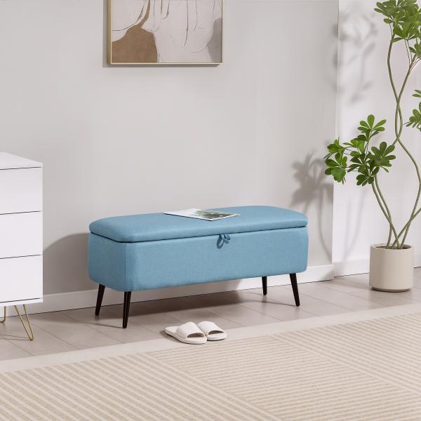 Banco de Armazenamento Estofado em Linho com Tampa Abatível e Pés de Aço Carga Máxima 150kg 101x38,5x44,5 cm Azul Claro