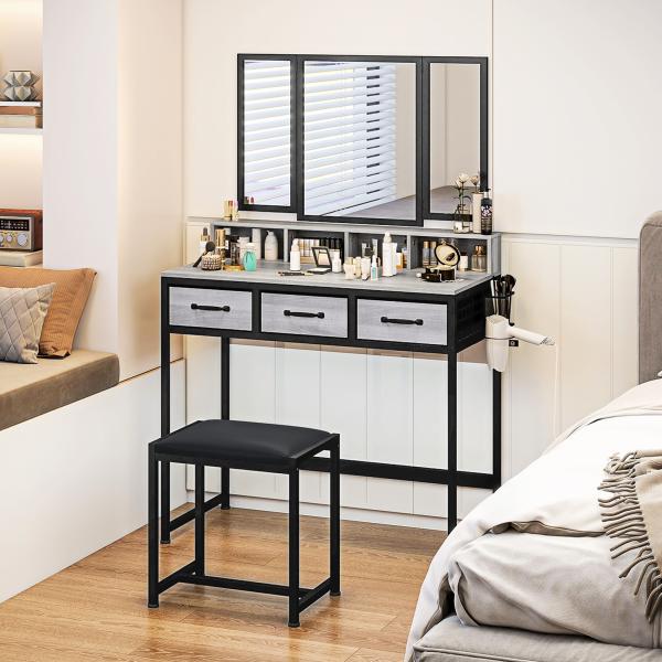 Toucador de Maquilhagem com Espelho Tríptico Removível, Banco Prateleiras e Suporte para Secador 90x40x141 cm Cinzento