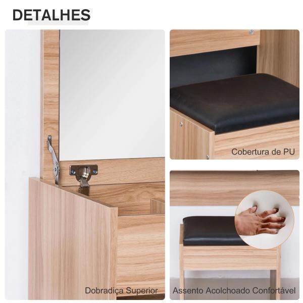 Toucador de Maquilhagem com Branco e Tampa Dobrável Mesa de Maquilhagem com Compartimentos e Gaveta 80x40x79cm Madeira