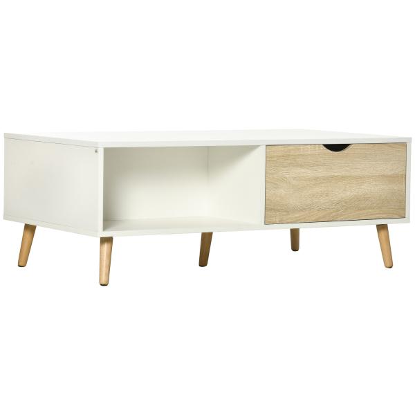 Mesa de Centro Retangular com 2 Gavetas e Compartimentos Abertos Estilo Nórdico 106x58x39,5cm Branco e Madeira