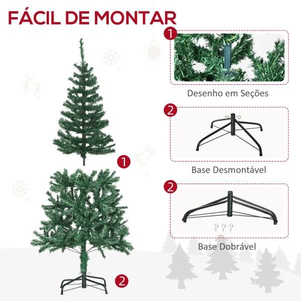 Árvore de Natal Artificial 150cm Ignífugo com 420 Ramos 48 Decorações Folhas de PVC e Suporte Metálico Verde
