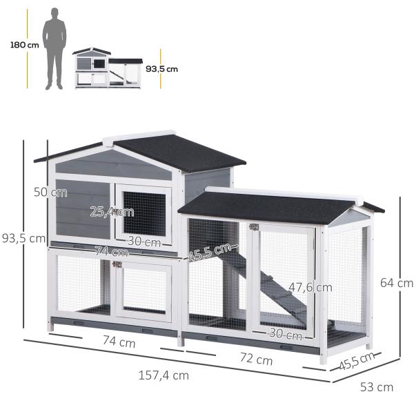Coelheira de Madeira Exterior Gaiola para Coelhos de 2 Níveis com Teto Asfáltico 2 Cercados de Metal Bandeja Removível 3 Portas e Rampa 157,4x53x93,5 cm Cinza