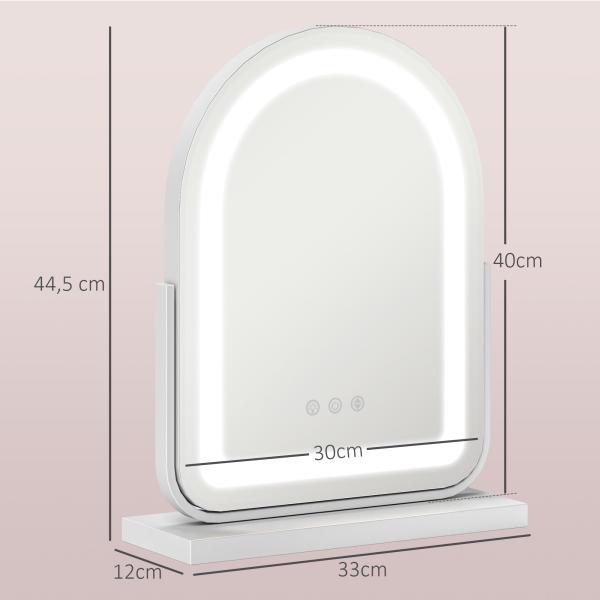 Espelho de Maquilhagem com Luz LED Giratório com 3 Modos de Iluminação Rotação Regulável de 360° e Função de Memória Branco