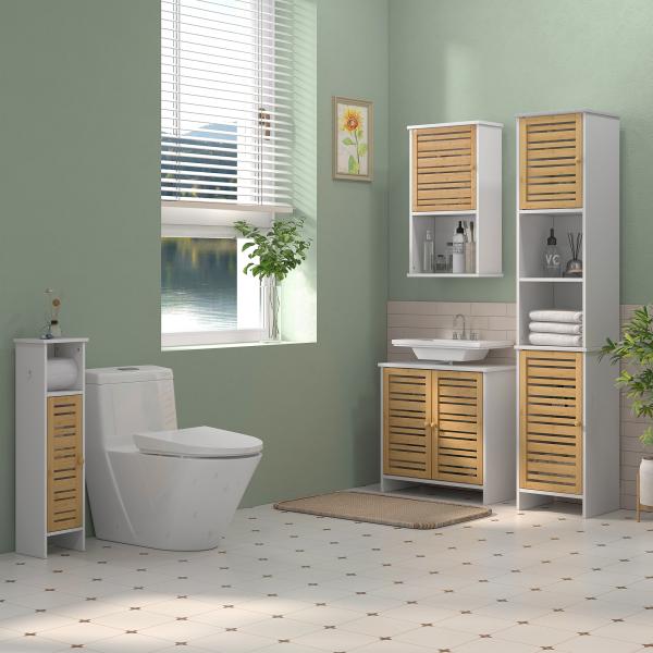 Coluna Casa de Banho Móvel Auxiliar Casa de Banho com Prateleiras Ajustáveis e Portas de Bambu 35x30x170 cm Branco e Madeira