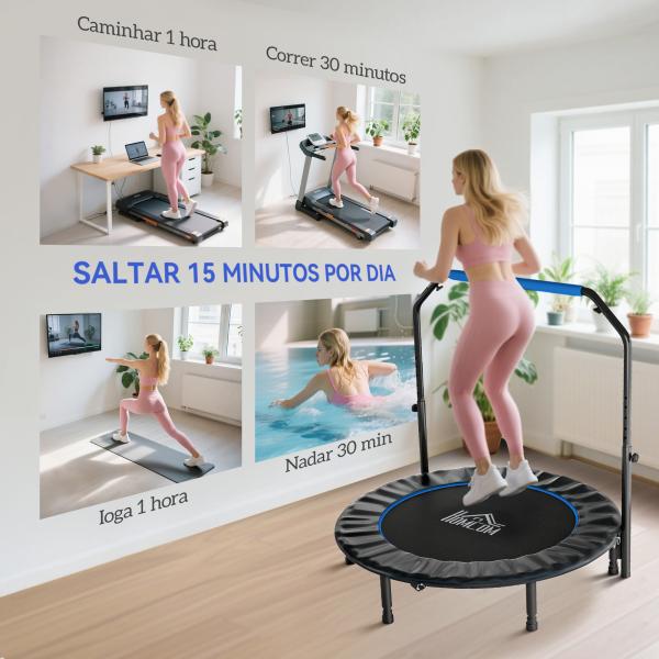 Trampolim Fitness Ø122 Trampolim Dobrável com Pega Ajustável em 4 Níveis Estrutura de Aço Azul