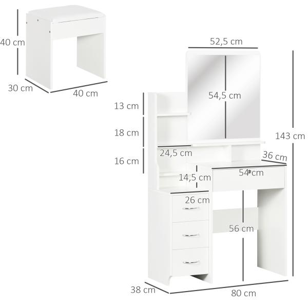 Toucador de Maquilhagem com Banco Espelho 4 Gavetas 4 Compartimentos de Armazenamento Estilo Moderno 80x38x143cm Branco
