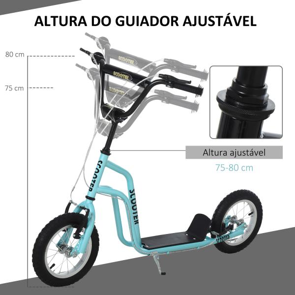 Trotinete para Crianças com Guiador Ajustável em Altura Travão Duplo e Estrutura de Aço 120x58x75 - 80 cm Azul