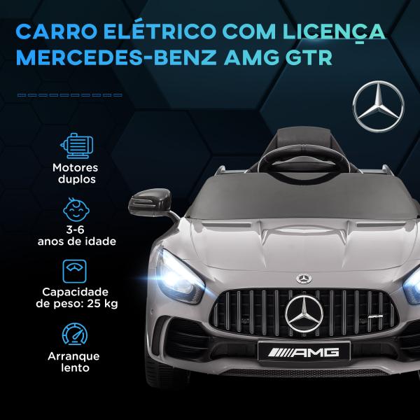 Carro Elétrico para Crianças Carro Mercedes - Benz AMG GTR com Bateria 12V Faróis Buzina e Música 108x67x46 cm Prata