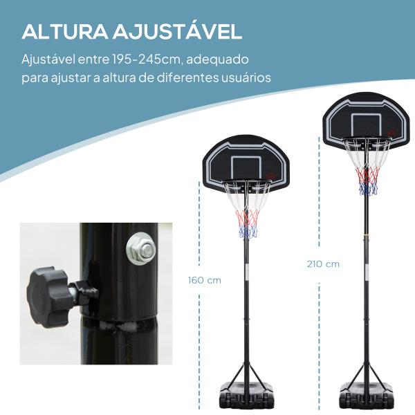 Tabela de Basquetebol para Exterior Altura Ajustável 160 - 210 cm com Rodas e Base Preenchível 76x48x254 cm Preto