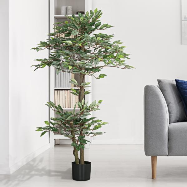 Planta Artificial Ficus 150 cm Planta Artificial com 1008 Folhas Musgo e Vaso para Exterior Casa Sala de Estar Escritório Verde