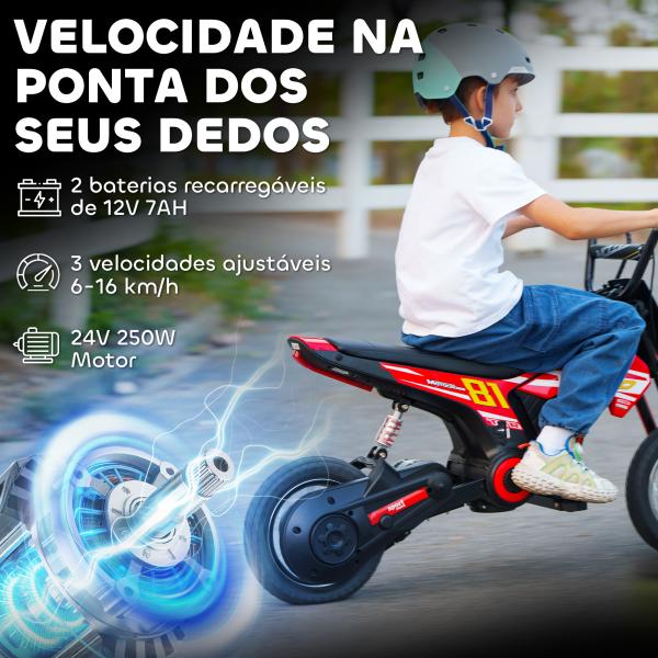 Mota Elétrica para Crianças 24V com Motor 250W Velocidade de 6 - 16km/h Rodas de 30,5 cm para Crianças de 8 - 12 Anos Vermelho