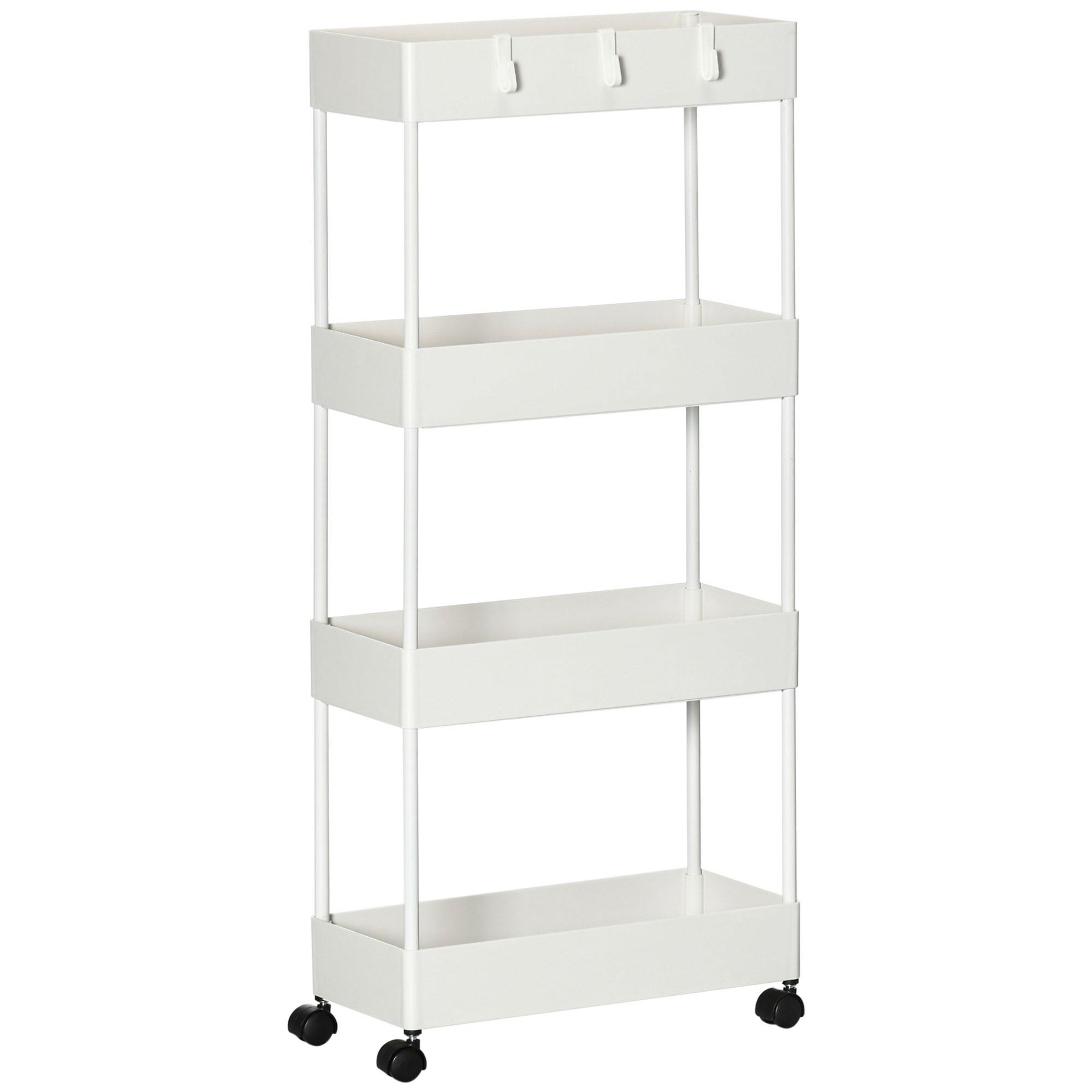Carrinho Auxiliar com Rodas Carrinho de Armazenamento com 4 Cestas e 4 Ganchos Amovíveis 40x19x90 cm Branco