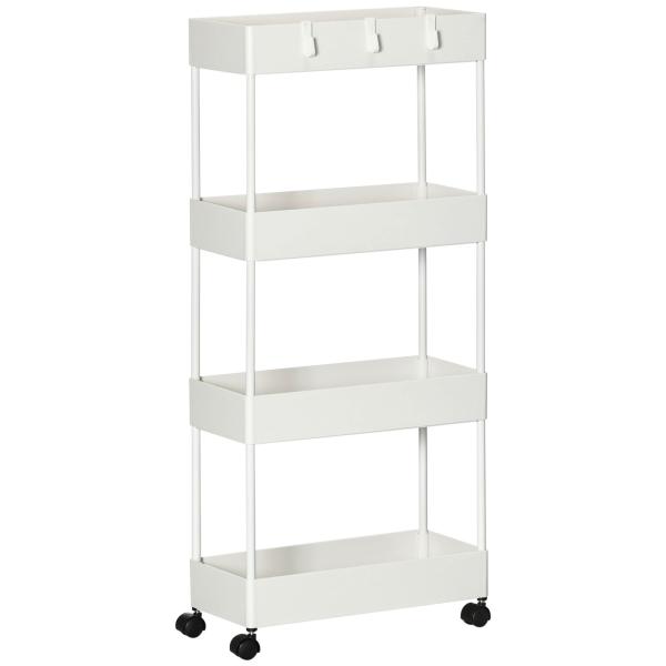Carrinho Auxiliar com Rodas Carrinho de Armazenamento com 4 Cestas e 4 Ganchos Amovíveis 40x19x90 cm Branco