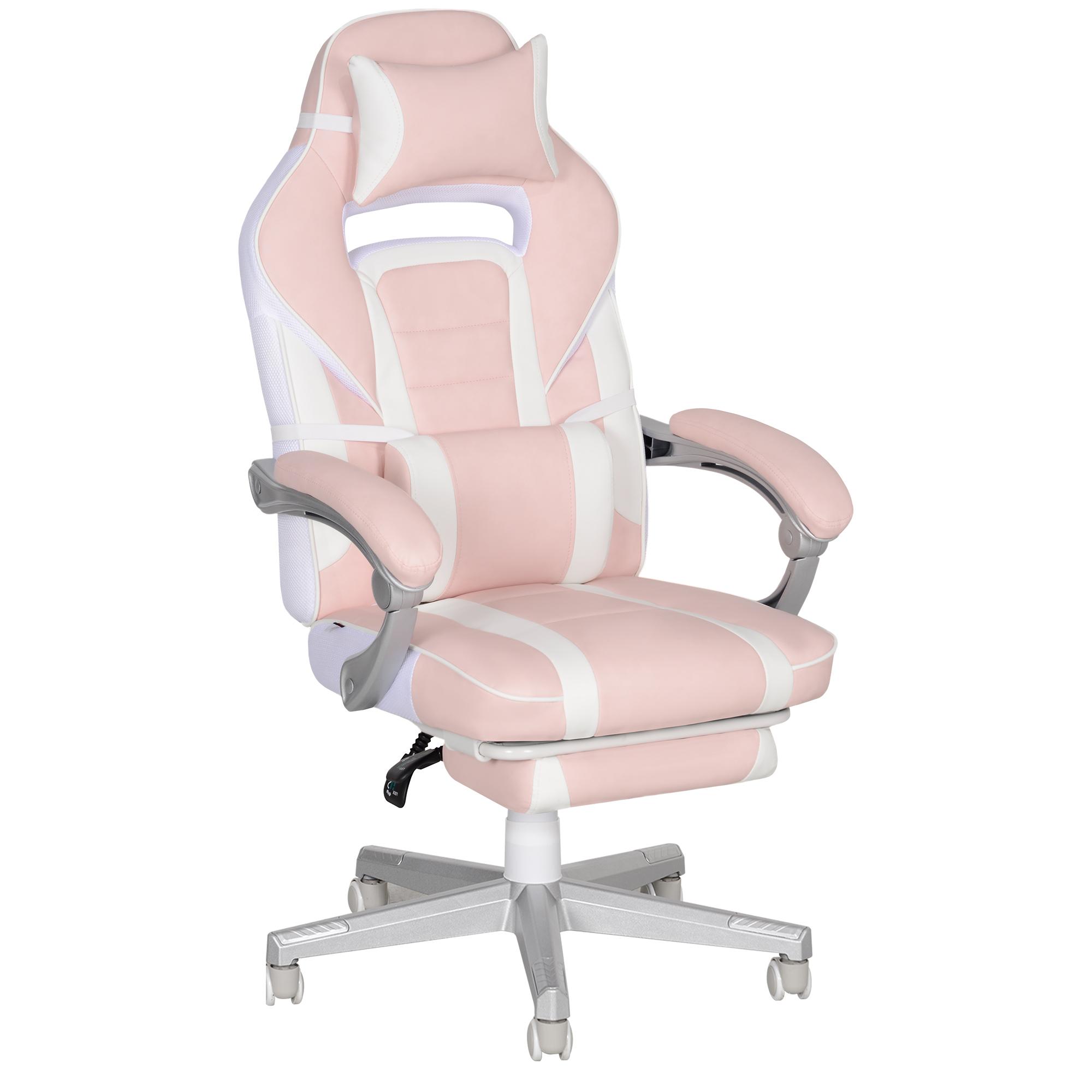 Cadeira Gaming Cadeira de Escritório Reclinável Apoio para os Pés Retrátil Suporte Lombar e Almofada para a Cabeça 63x63x115,5 - 123 cm Rosa