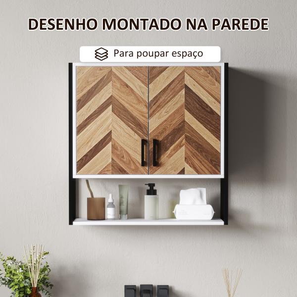 Armário de Parede para Casa de Banho com 2 Portas Prateleiras Ajustáveis e Prateleira Aberta 59x20x60 cm Branco e Madeira