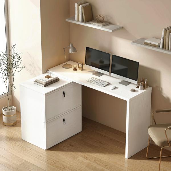 Secretária Reversível em Forma de L com 2 Gavetões Arquivadores Design Moderno para Espaços Pequenos Escritório Branco