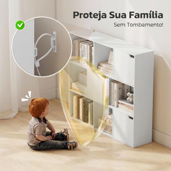 Estante para Livros de 3 Níveis com 9 Cubos, 3 Portas e 6 Compartimentos Abertos, 106x24x95 cm, Branco