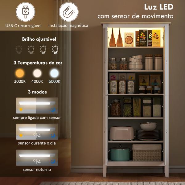 Armário de Cozinha com Luz LED Sensor de Movimento Móvel Auxiliar de Cozinha com Iluminação Regulável em 3 Cores 4 Portas e Prateleiras Ajustáveis 80x40x176,5 cm Branco