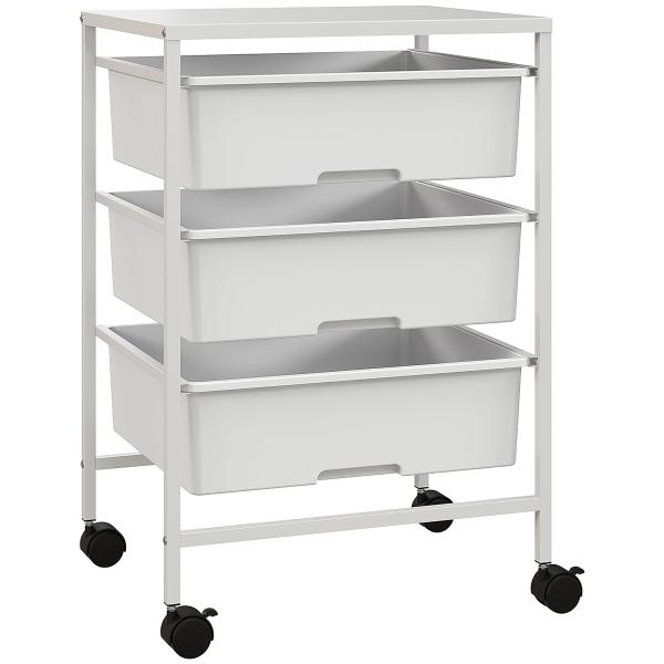 Carrinho Auxiliar com Rodas Carrinho de Cozinha de 3 Níveis com 3 Cestos e Estrutura de Aço 40,8x33,5x60,5 cm Branco