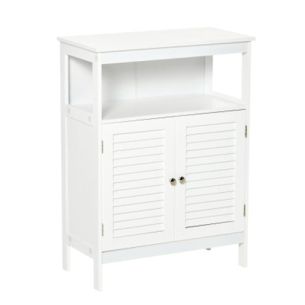 Armário Casa de Banho com 2 Portas Persianas e Compartimento Aberto Desenho Moderno 60x30x81,6 cm Branco
