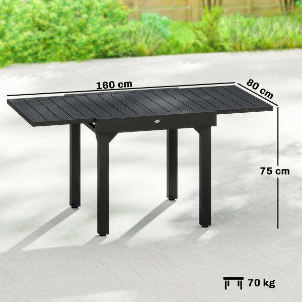 Mesa de Jantar Exterior Extensível 80 - 160 cm - Mesa de Jardim Retangular para 4 - 6 Pessoas, Terraço, Preto