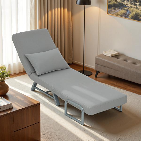 Sofá Cama Dobrável Estofado em Linho Sintético com Encosto Ajustável em 5 Níveis e Almofada Acolchoada 73x78x81 cm Cinzento Claro