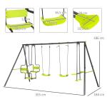 Conjunto de Baloiços Infantil com 2 Baloiços Baloiço Duplo e Estrutura de Aço para Crianças de 3 - 8 Anos 355x184x186 cm Verde