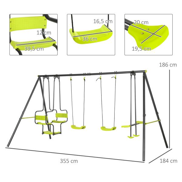 Conjunto de Baloiços Infantil com 2 Baloiços Baloiço Duplo e Estrutura de Aço para Crianças de 3 - 8 Anos 355x184x186 cm Verde