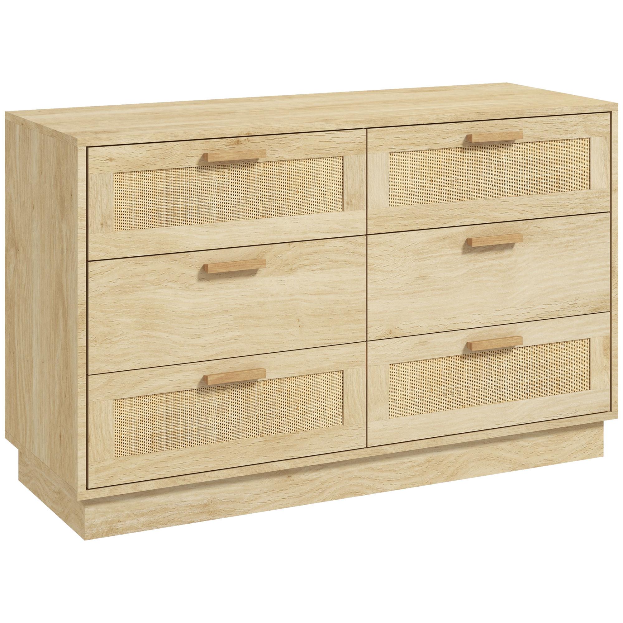 Cómoda para Quarto Cómoda de Madeira com 6 Gavetas de Vime Estilo Boêmio para Corredor Escritório 110x40x69 cm Carvalho