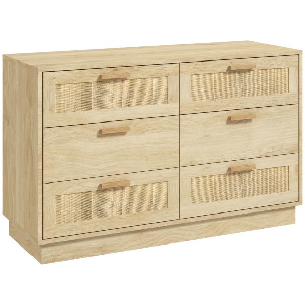 Cómoda para Quarto Cómoda de Madeira com 6 Gavetas de Vime Estilo Boêmio para Corredor Escritório 110x40x69 cm Carvalho