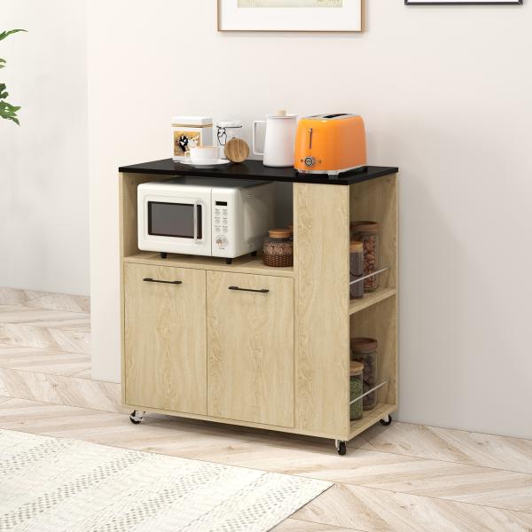 Carrinho de Cozinha com Rodas 2 Portas Prateleira Ajustável Porta - Especiarias para Sala de Jantar 75x40x80,5 cm Madeira