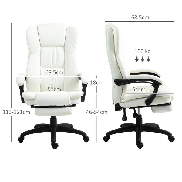 Cadeira de Escritório com Altura Ajustável 6 Pontos de Massagem e Apoio para os Pés Retrátil 68,5x68,5x113 - 121 cm Creme