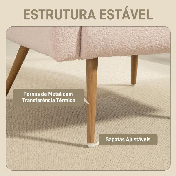 Poltrona em Tecido Teddy com Almofada Lombar Amovível e Pés Metálicos com Efeito Madeira para Quarto Bege