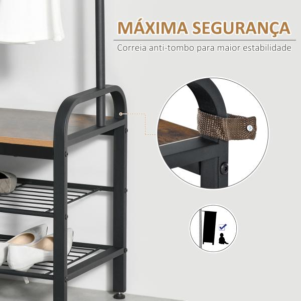Móvel Cabide de Entrada com 8 Ganchos e Sapateira Armário de Entrada com Cabides 72x34x185cm Marrom e Preto