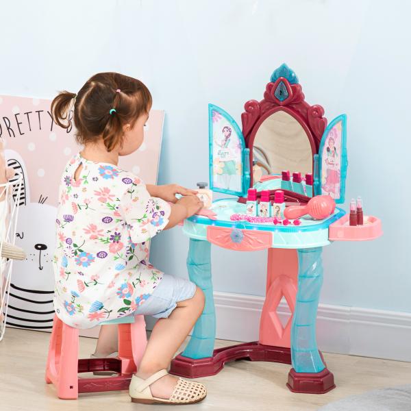 Toucador Infantil com Banco Espelho Luz Música e Secador Inclui 31 Acessórios Toucador de Maquilhagem 57x34x73cm Multicor