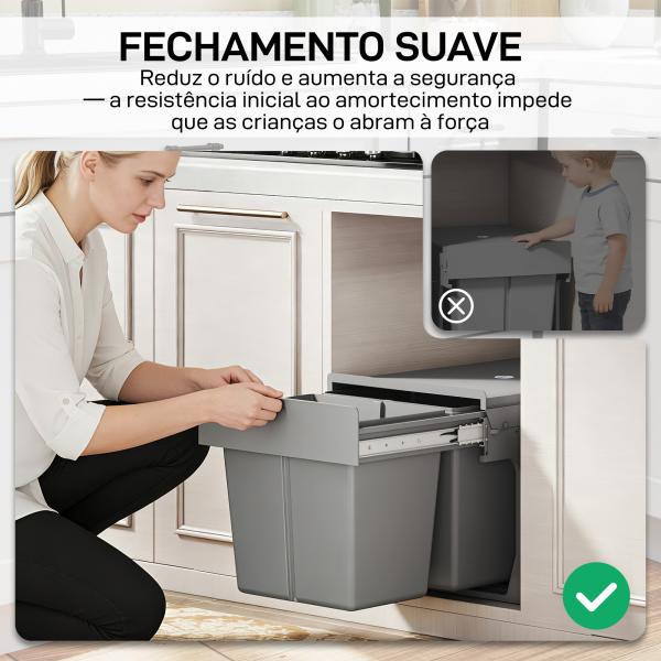 Balde de Lixo Embitido com 2 Recipientes Removíveis para Reciclagem Capacidade Total 30L (15Lx2) 48x34,3x35,1 cm Cinzento Claro