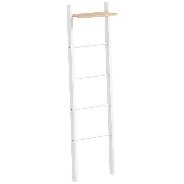 Toalheiro de Escada com Prateleira Superior e 4 Barras Suporte de Toalhas para Encostar na Parede 43x20x151 cm Branco e Carvalho
