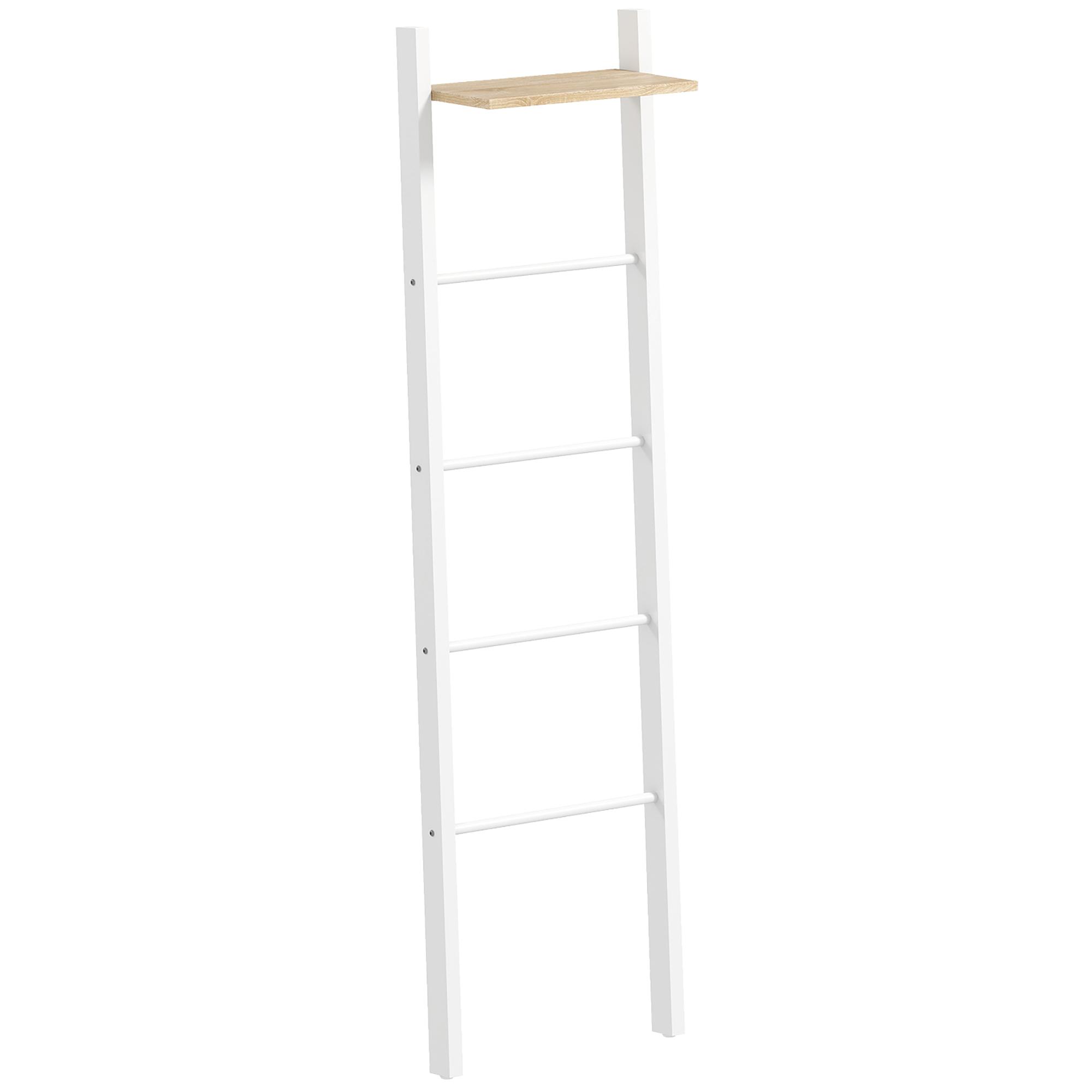 Toalheiro de Escada com Prateleira Superior e 4 Barras Suporte de Toalhas para Encostar na Parede 43x20x151 cm Branco e Carvalho
