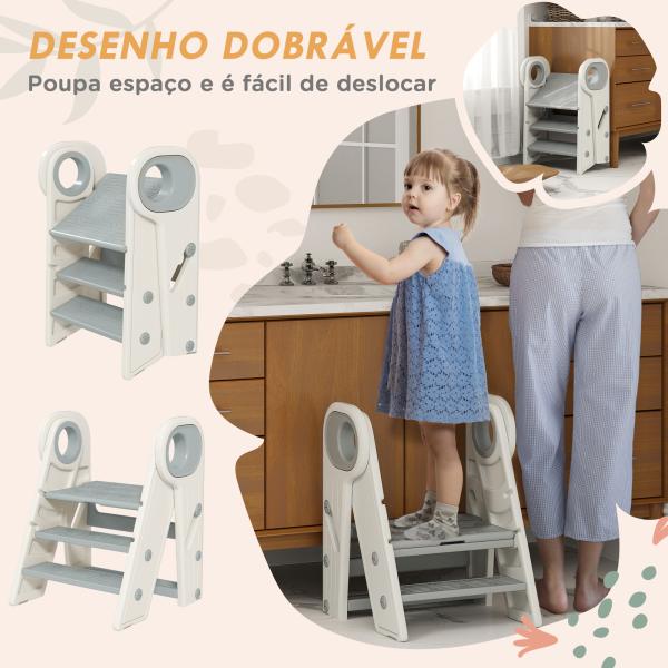 Banco para Crianças Dobrável Torre de Aprendizagem Escada para Crianças Antiderrapante 46,5x47x61,5 cm Cinza e Branco