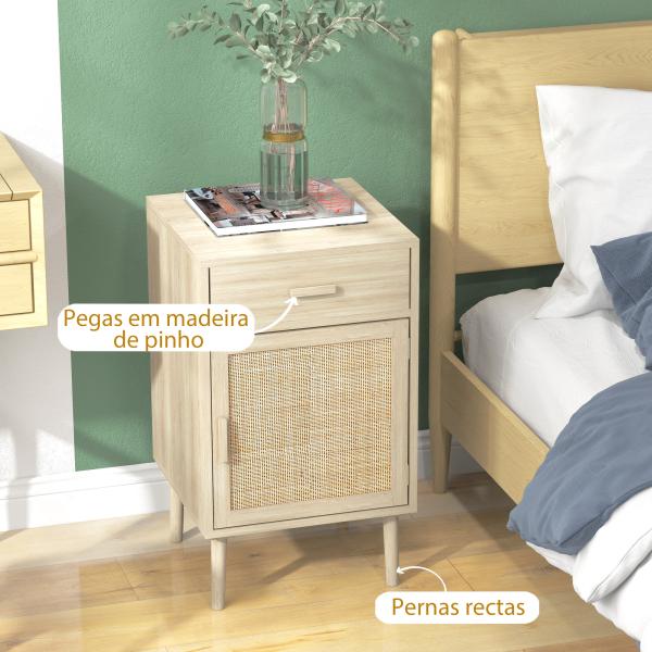 Conjunto de 2 Mesas de Cabeceira com Gaveta de Vime e Prateleira Ajustável para Quarto Sala 40x40x68,5 cm Carvalho