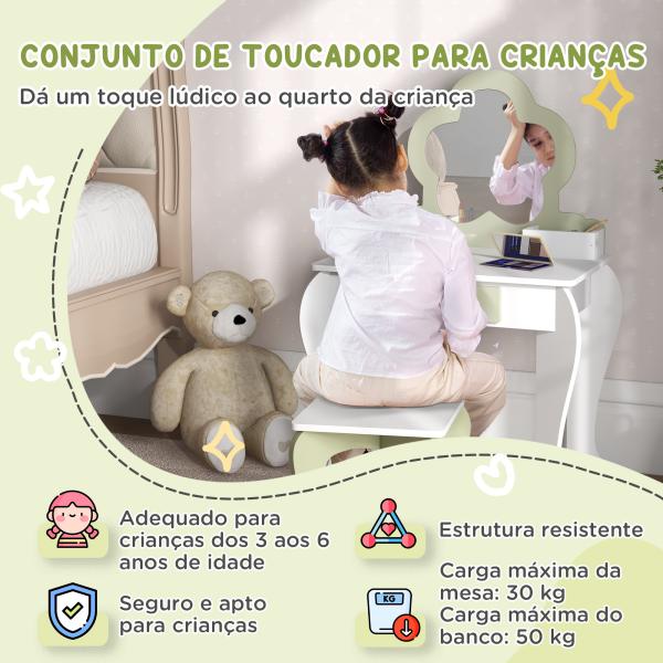 Toucador Crianças com Espelho e Banco Toucador de Maquilhagem para Crianças de 3 - 6 Anos 55x34x87,5 cm Branco e Verde Pastel
