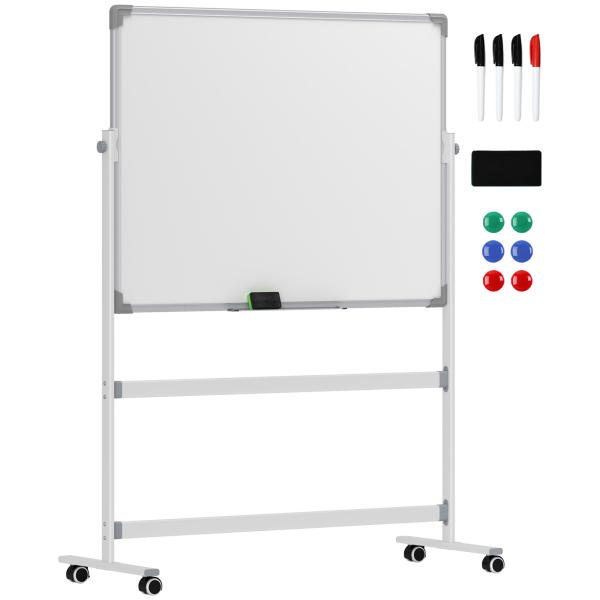 Quadro Magnético de Dupla Face 120x90 cm Quadro Branco Giratório com Suporte Ímanes Marcadores e Apagador Branco