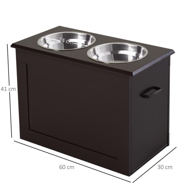 Comedouro Elevado para Cães com 2 Tigelas de Aço Inoxidável e Espaço de Armazenamento Oculto 60x30x41 cm Castanho Escuro