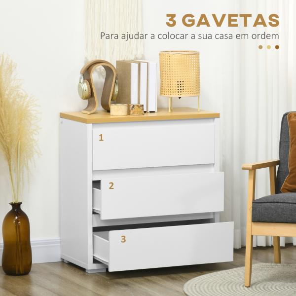 Cómoda Moderna com 3 Gavetas de Madeira para Dormitório Carga Máxima 40 kg 70x37x75 cm Branco e Madeira