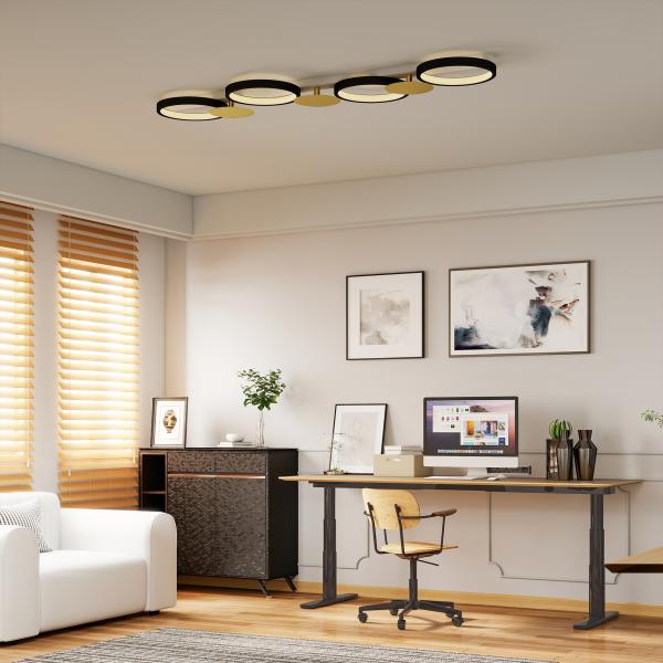 Candeeiro de Teto Regulável com 4 Focos Controlo Remoto Modos de Cena 1500 lm 38 W 3000 K - 6500 K 100x31x7 cm Preto e Dourado