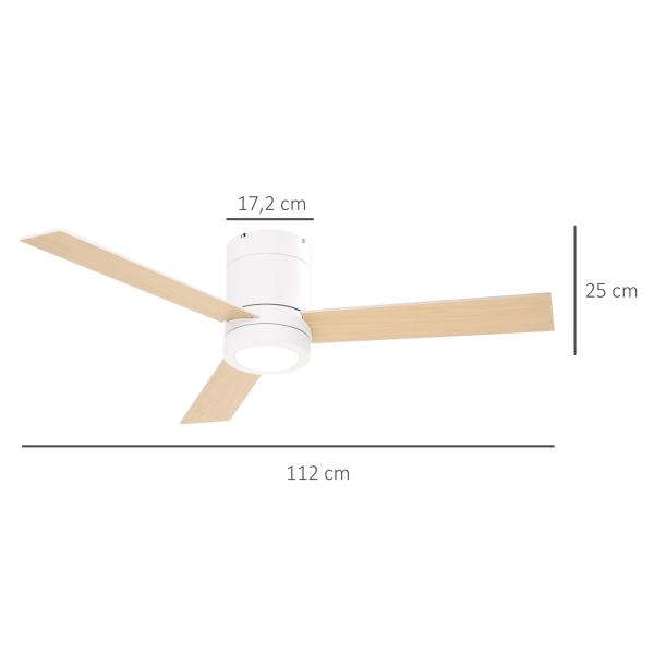 Ventoinha de Teto 48W com Luz LED Controle Remoto 3 Velocidades Temporizador 3 Lâminas de Madeira Ø112x25cm Branco