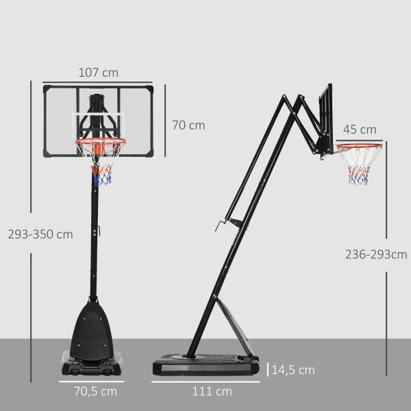 Cesta de Basquetebol Ajustável 236 - 293 cm com Rodas Painel de PC Base Recarregável para Exterior Preto