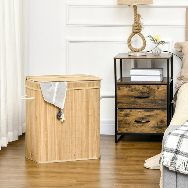 Cesto de Roupa Suja 90L em Bambu com 2 Compartimentos Alças e Bolsa Interna Removível 54,2x35,2x59,5 cm Madeira