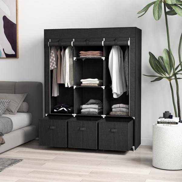 Roupeiro de Tecido com 2 Varões 5 Prateleiras 3 Gavetas Fecho de Correr Estrutura de Aço 125x43x162,5 cm Preto