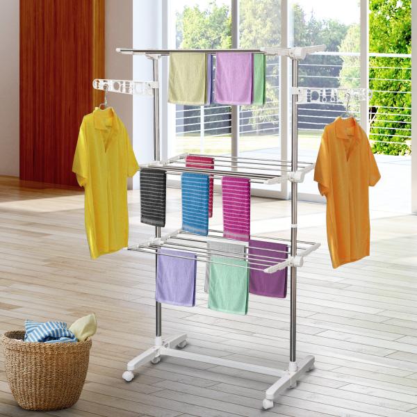 Estendal para Roupa Dobrável 80x55x152cm com 6 Rodas e 3 Prateleiras com Altura Ajustável de Aço Inoxidável Prateado